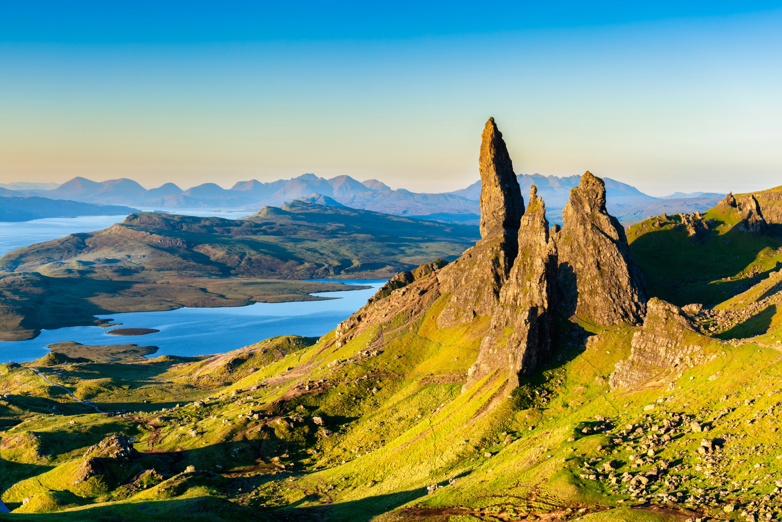 Old Man of Storr rock pinnacles overlooking the sea on the Isle of Skye